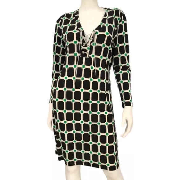 Jules & Leopold Black Green Geometric Belted Midi Dress Silver Chain Detail Sz S - Picture 3 of 14